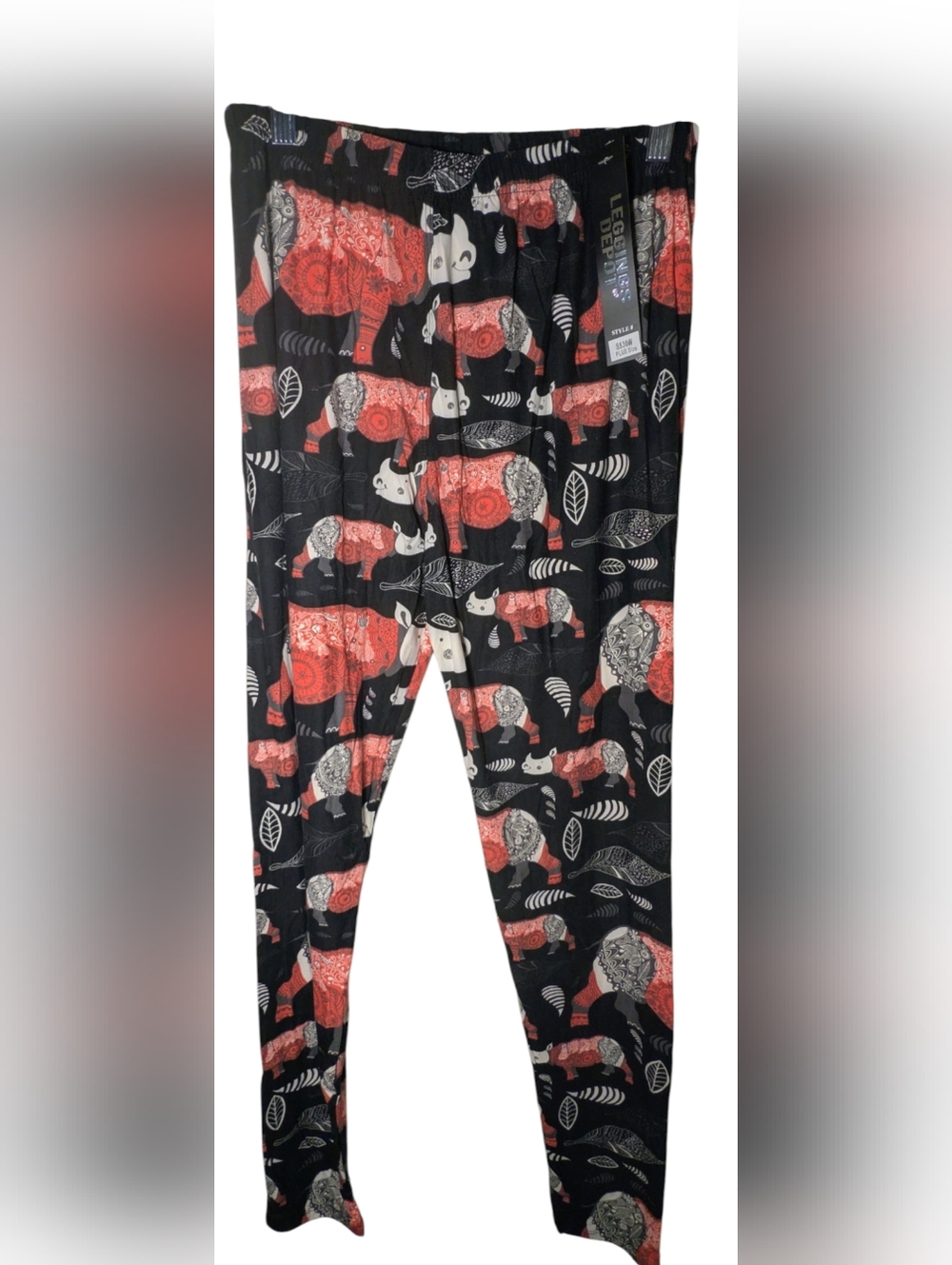 Leggings Depot Plus Size Ornate Rhino & Feather Print Leggings NWT